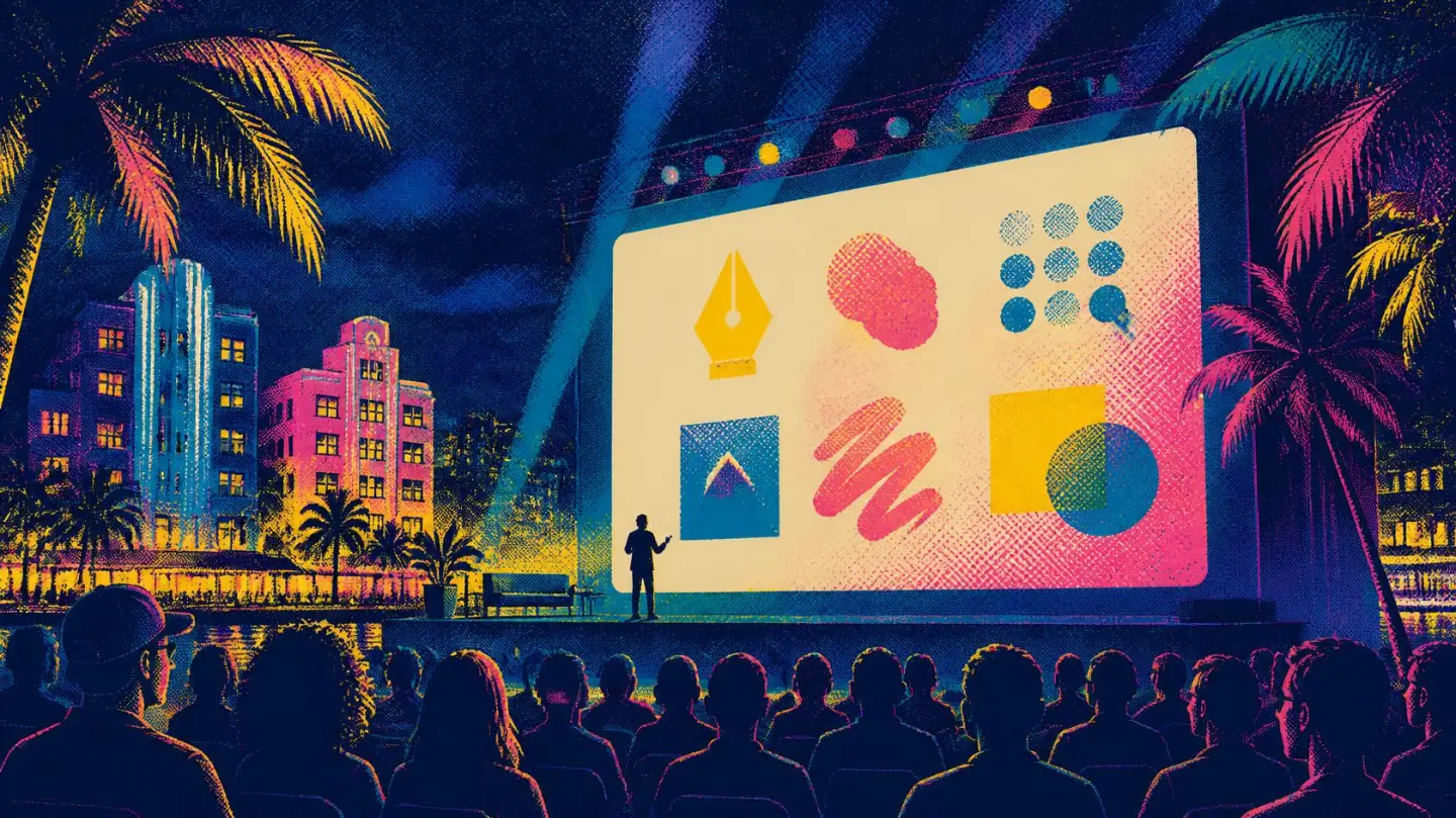 Illustration of a night-time conference stage among palm trees and art deco buildings