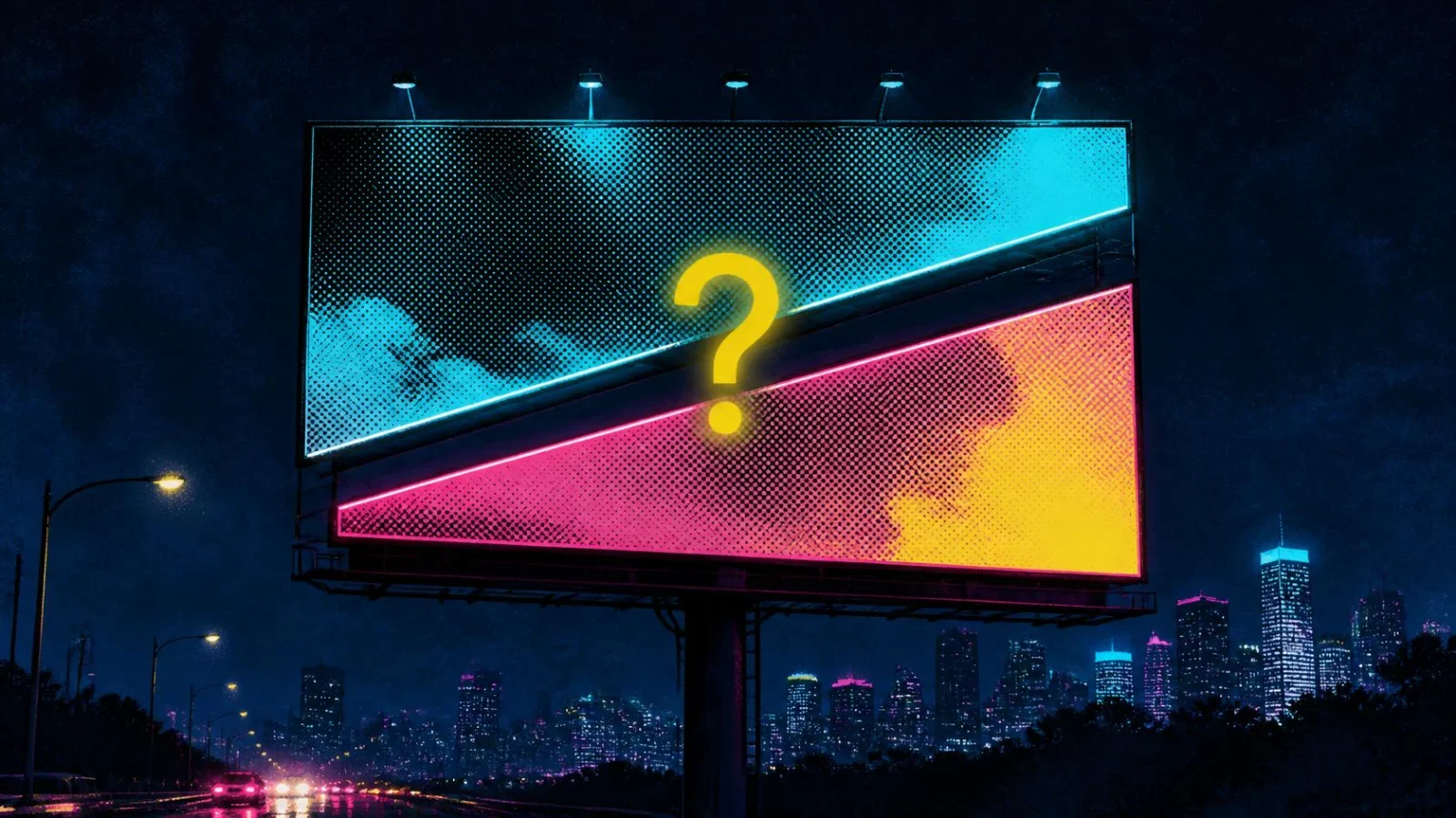 Illustration of a night-time billboard sliced in two with a glowing question mark between the halves