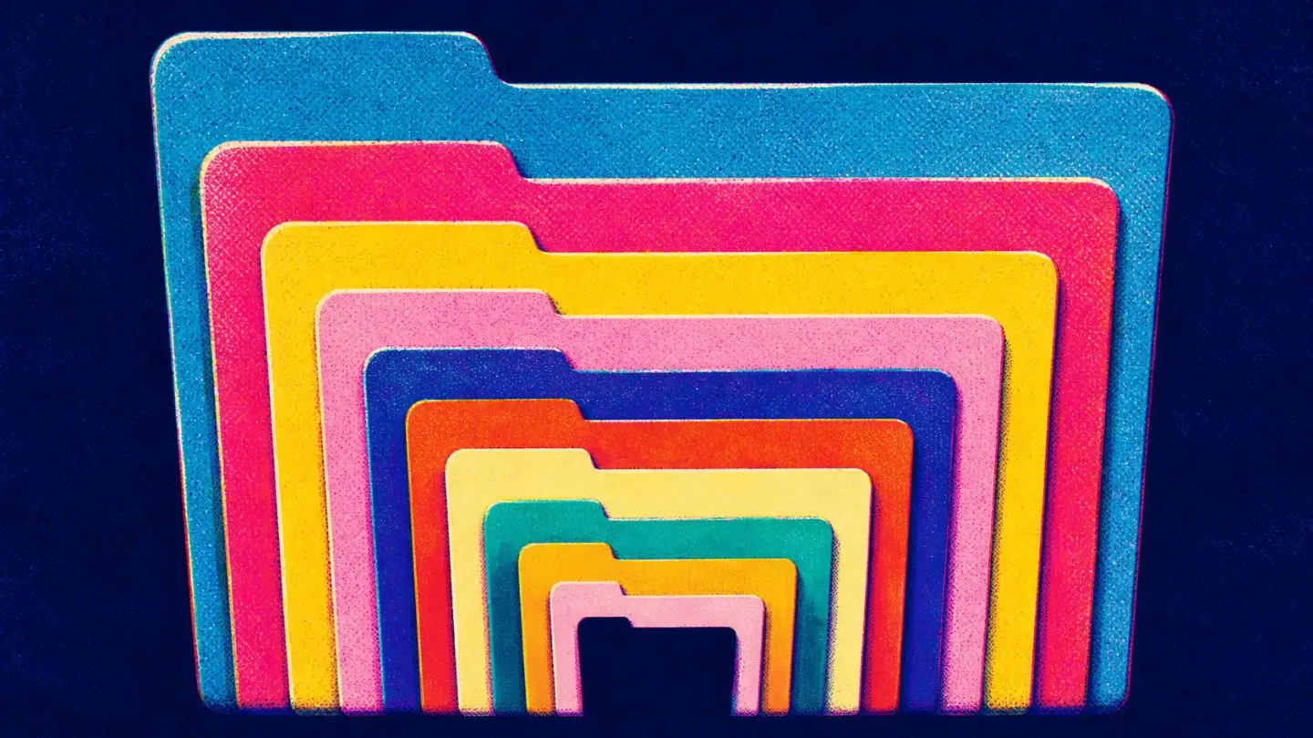 Illustration of colourful folders nested inside each other, many layers deep