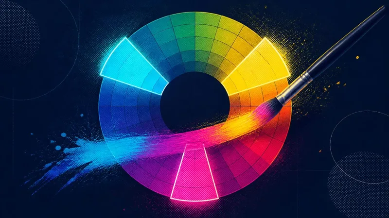 Illustration of a glowing colour wheel with highlighted wedges and a paintbrush stroke