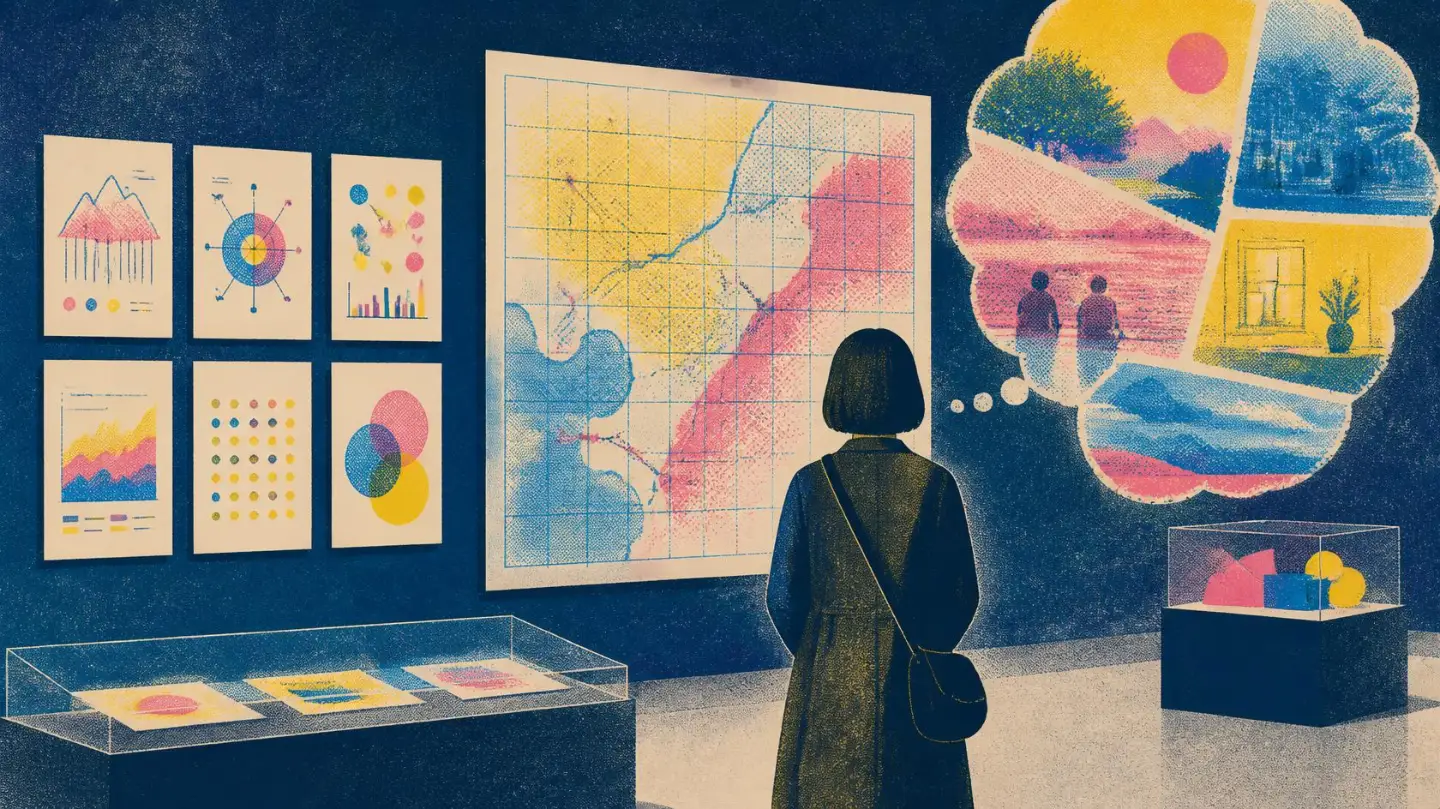Illustration of a museum visitor looking at data postcards, a large map and dreamlike memory images