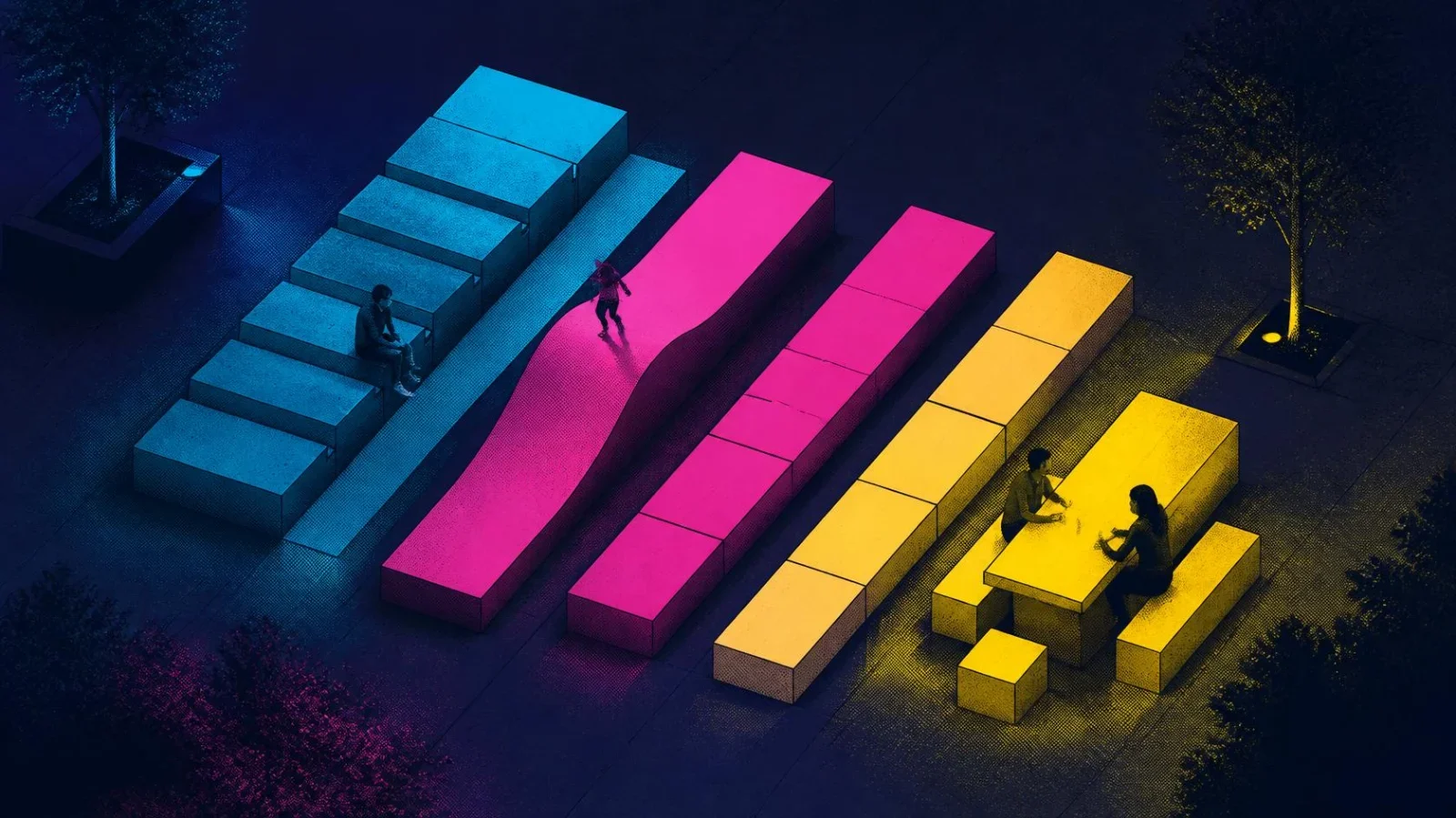 Illustration of colourful concrete street furniture blocks lined up like a barcode on a plaza