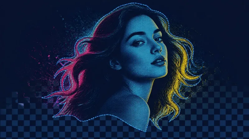 Illustration of a woman's portrait cut out over a transparency grid, her hair edged in clean neon light