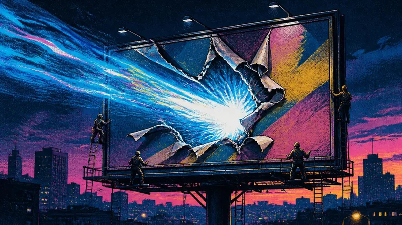 Illustration of an energy blast bursting through a billboard while tiny workers cling to the frame