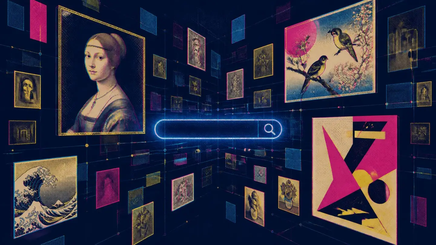 Illustration of framed artworks floating in a glowing grid around a search bar