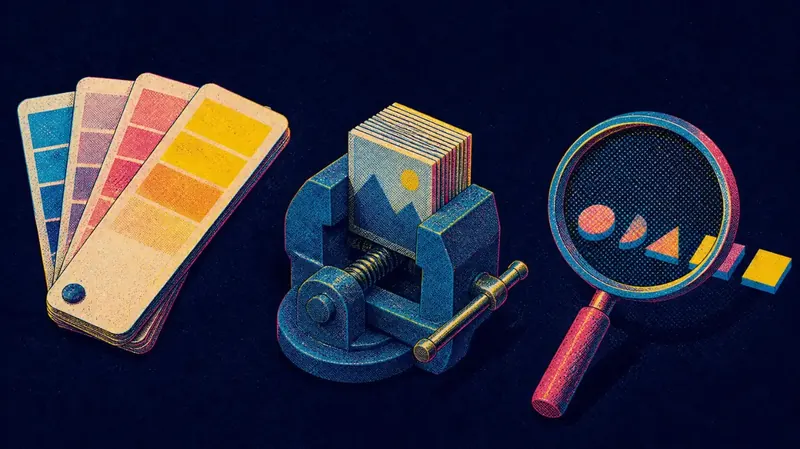 Illustration of a colour swatch fan, a vice squeezing files and a magnifying glass over type