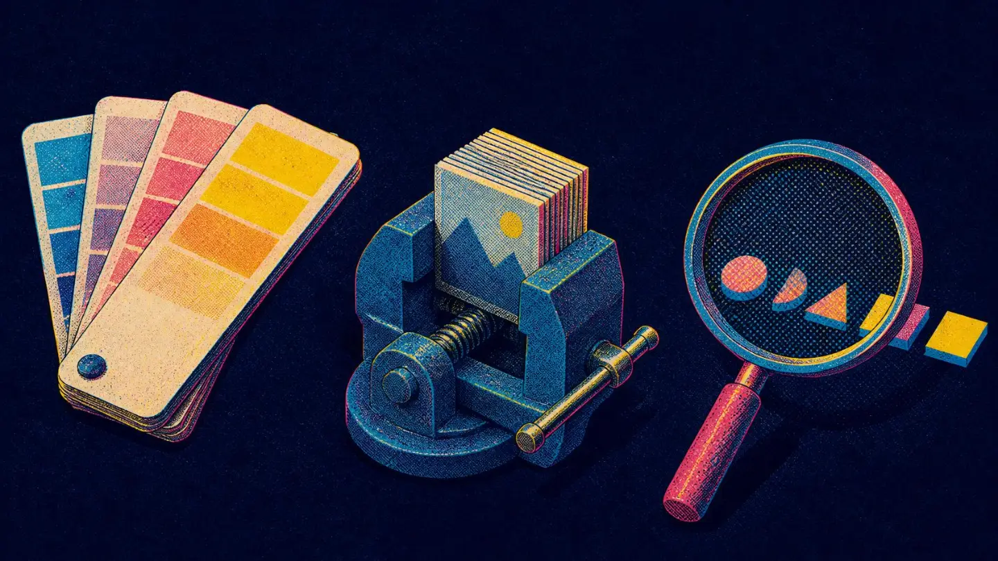 Illustration of a colour swatch fan, a vice squeezing files and a magnifying glass over type