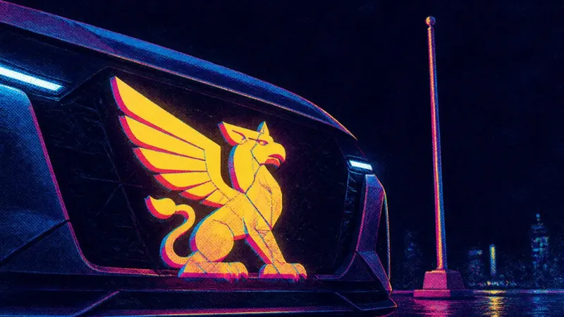 Illustration of a glowing griffin badge on the grille of an electric car at night