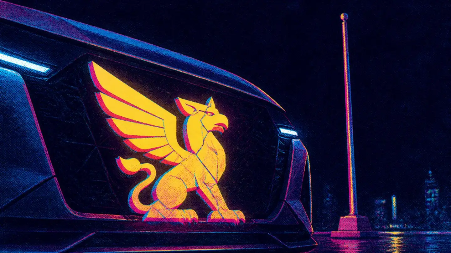 Illustration of a glowing griffin badge on the grille of an electric car at night